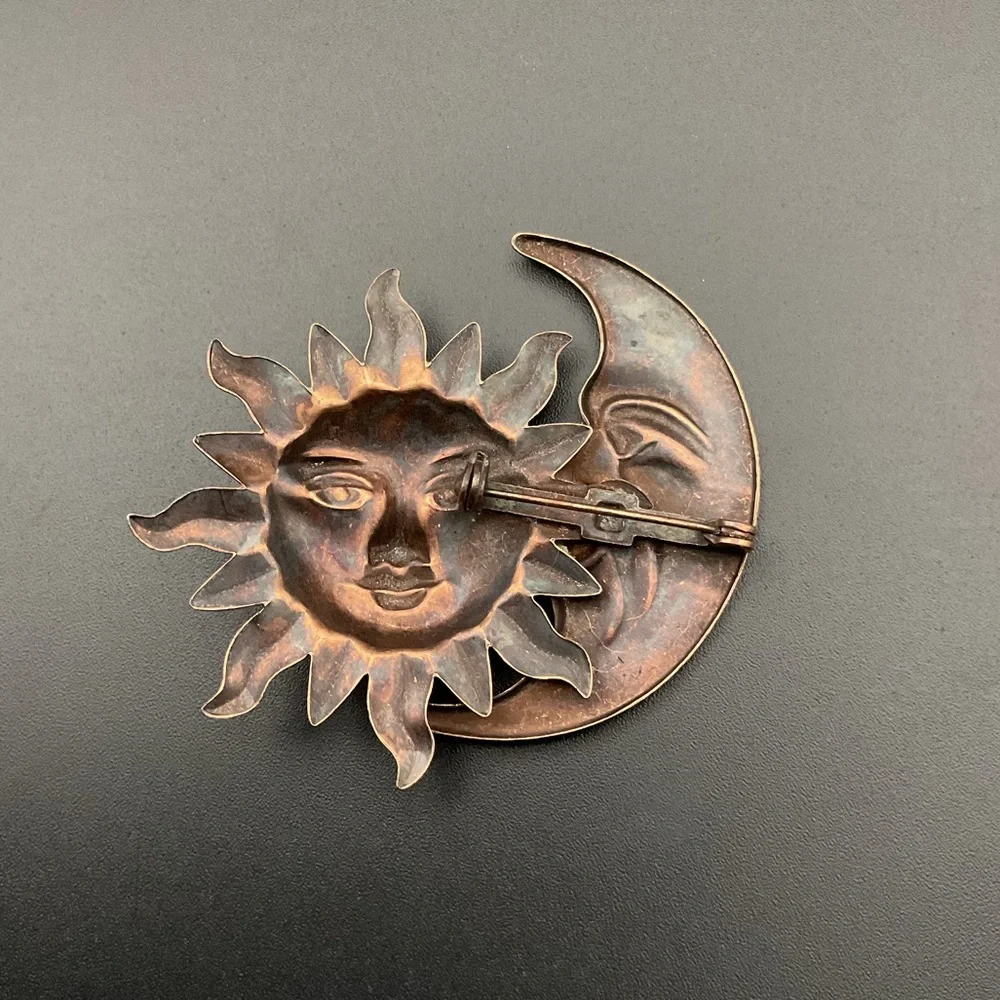 Vintage Crescent Moon and Sun Copper and Pewter Tone Brooch Boho Astrology